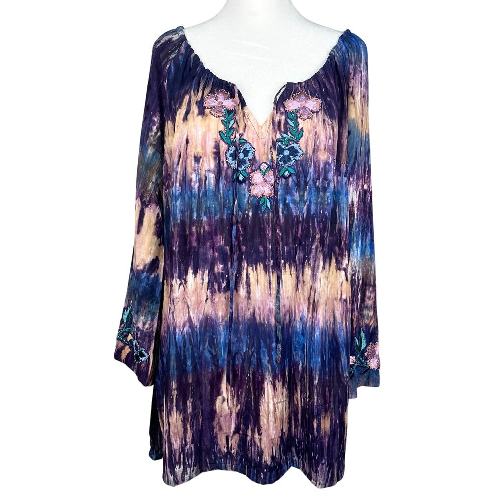 FAITH Women's Tie Dye Floral Embroidered Tunic Boho Bohemian Large EUC